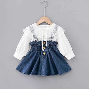 幼児のベビードレス1-3年春秋の子供の外装の乳児の大きなレースネックシャツ+ベスト2つの部分の女の子のためのセット210529