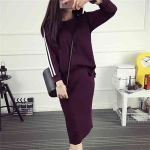 Women Winter Suit Midi Black Wine Red Skirt 2 Two Piece Set Slim Pullover Sweater And Pencil 210427