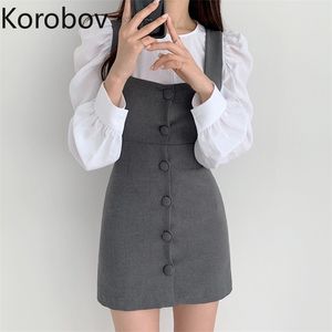 Korobov Women Vintage Solid Single Breasted Dress Korean Tank Top Slim Dresses Korean Elegant Mini Dress 210430