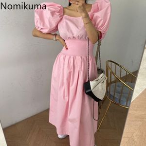 Nomikuma Korean Chic Square Collar Dresses Puff Short Sleeve Elegant Women Dress Slim Waist A-line Mid-calf Vestidos Femme 6G237 210427