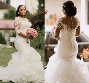 2022 Mermaid Wedding Dresses Luxury Beaded Crystals with 1/2 Half Sleeves Lace Applique Ruffles Sweep Train Custom Made Wedding Gown vestido PRO232