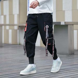 Japanska Streetwear Pants Fashion Black Cargo Stripe Drawstring Hip Hop Sweatpants Skinny Casual Joggers Män 2021 Män