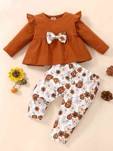 Baby Ruffle Trim Floral Print Bow Front Top & Pants SHE