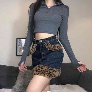 Wenyujh Leopard Fur Edge Denim Skirt Kvinna Preppy Style School Girls 90s Estetiska Streetwear High Waisted Mini Kjolar Y2K Jeans X0428