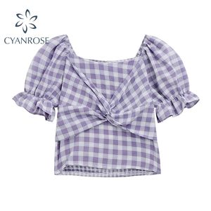 Women Summer Purple Plaid Sweet Blouses And Shirts For Ladies Korean Chest Cross Retro Square Collar Short Sleeve Ins Tops 210515