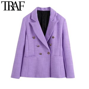 TRAF Dammode Dubbelknäppt Tweed Blazer Coat Vintage långärmade fickor Ryggventil Kvinnliga Ytterkläder Chic Toppar 210415