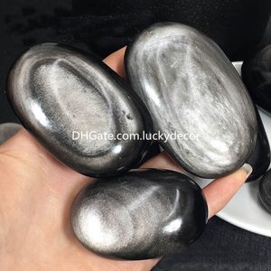 Silver Sheen Obsidian Crystal Polished Palm Pocket Stone Arts Rare Protective Tumbled Oregelbunden Gemtone För Dekoration, Healing, Meditation, Feng Shui, Handgjorda