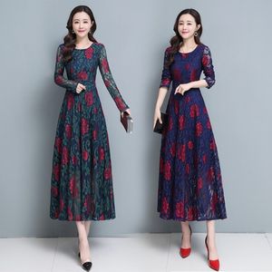 summer fashion temperament women Casual round neck long sleeve Printed maxi lace dress 210531