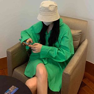 Koreanska chic vår temperament ljusgrön skjorta kappor kvinnor lös avslappnad blus nedbrytning krage sommar 210510