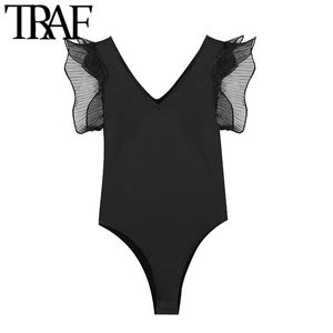 Trafik Kvinnor Sexigt Mode med Organza Ruffle BodySuits Vintage Kortärmad Stretch Slim Kvinna Playsuits Chic Toppar 210415