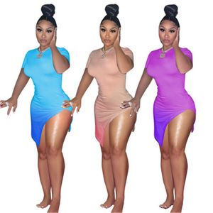 Womens Gradient Sexy Skinny Dresses Fashion Trend Short Sleeve High Waist Pack Hip Skirts Designer Female Summer Casual Bare Legs Nightclub Dress