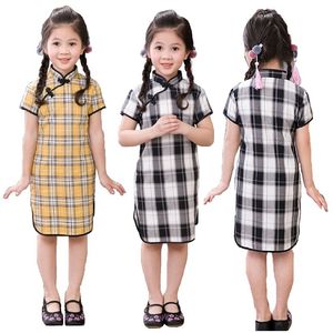 Gitter Sommer Baby Mädchen Kleid Chinesischen Frühling Festival Mädchen Kleidung Chipao Kleider 100% Baumwolle Kinder Cheongsam Qipao Vestidos 210413