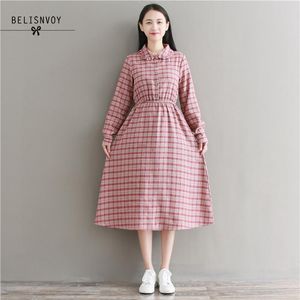 Robe Femme Spring Autumn Women Long Elbise Peter Pan Collar Sleeve Plaid Dresses Mori Girl Vintage Dress Vestidos 210520