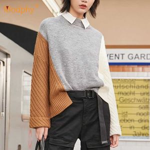 Outono inverno mulheres de malha contraste cashmere suéter casual rodada pescoço de manga longa solta superdimized pullover top 210527