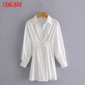 Fashion Women Lace Up White Shirt Long Sleeve Ladies Sexy Short Dress 5D23 210416