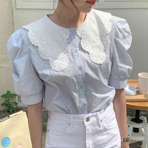 Kvinnor Ljusblå Casual Blus Broderi Peter Pan Collar Kort Puff Sleeve Skjorta Mode Vår Sommar 2F0520 210510