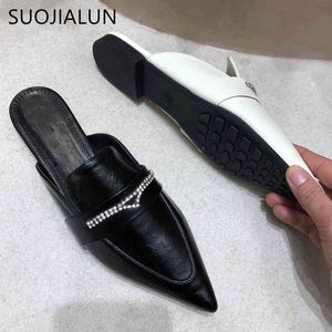 Suojialun 2021 primavera mulheres mules sapatos moda cristal deslizamento na metade chinelo flat salto apontado toe slides elegante aleta ao ar livre f c0330