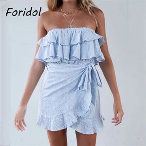 Foridol Embriodery Hollow Out Schulterfreies Sommerkleid Frauen Casual Rüschen Baumwolle Ärmelloses Blaues Kleid Strandkleid 210415