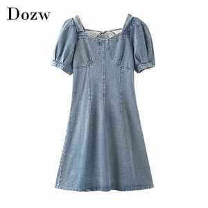 Kadın Moda Mavi Denim Mini Elbiseler Geri Papyon Hollow Out Parti Yaz Puf kısa kollu Streetwear 210515