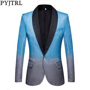 PYJTRL Nieuwe Mens Artistry Gradiënt Kleur Glanzende Sky Blue Blazer Night Club Stage Singer Prom Dress Pak Jacket Trouwkostuum X0615