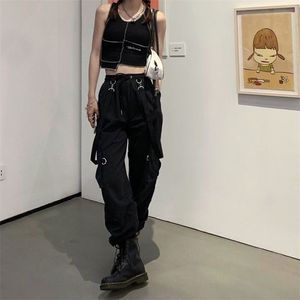 QWEEK Gothic Cargo Hosen Frauen Harajuku Schwarz Hohe Taille Hippie Streetwear Kpop Oversize Mall Goth Hosen Für Weibliche 210925