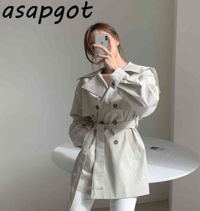 Temperament Elegante Korean Chic Retro Wild Slim Puff Langarm Down Collar Trench Coat Gürtel Mode Mäntel Jacken 210429