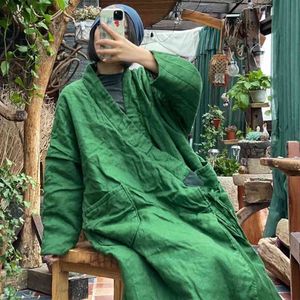 Johnature Chinese Style Bawełniane Paryn Parkas Dla Kobiet Zielony Vintage Pas Płaszcze Płaszcze Wiosna V-Neck Z Długim Rękawem Kobiet Parkas 210521