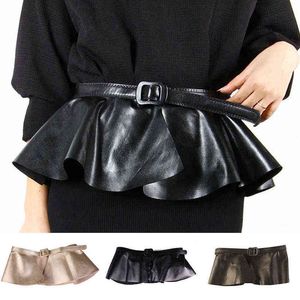 Europeiska och amerikanska stilkvinnor Ruffled Girdle Black Leather Women's Decoration Ultrabrett korta kjolbälte G220301