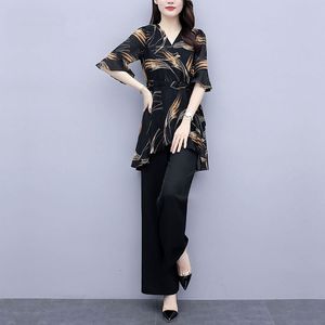 Sommer Frauen Mode Digital Gedruckt Chiffon Bluse Lose Anliegende Kordelzug Schnür Gürtel Breite Bein Hosen Zwei-Stück Set mom Anzüge X0428