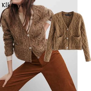 KLKXMYT Kobiety Moda Biżuteria Przyciski Dzianiny ZA Sweter Sweter Vintage V Neck Z Długim Rękawem Kobiet Odzieży Odzież Odzieży Chic Topy 210527