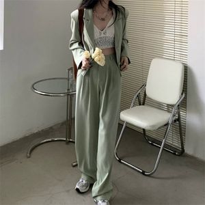 Grön Koreanska Streetwear Två Piece Set Kvinnor Långärmad Blazer Coat Top + High Waist Byxor Passar Ladies Casual 210514
