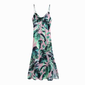 Women Sundress Fashion Tropical Prints Modern Lady Midi Spaghetti Strap Dress 210602