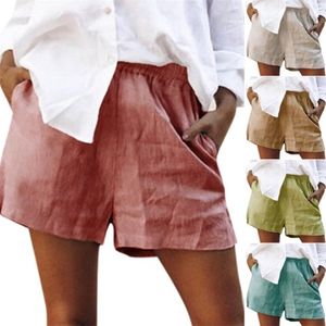 Fashing sommer frauen baumwolle leinen shorts freizeit lose kurze hosen elastische taille lässig fashion süßigkeiten farbe groß plus größe s-5xl 210719