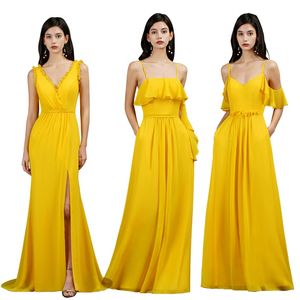 Custom Made Sarı Mermaid Nedime Elbiseleri Bölünmüş Yan Bir Omuz Pileli 2022 Plaj Uzun Düğün Parti Elbise Onur Törenlerinde Hizmetçi