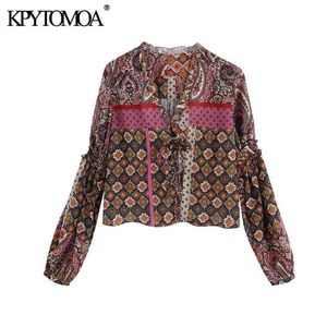 Women Fashion Paisley Print Ruffles Blouses Tied V Neck Long Sleeve Female Shirts Blusas Chic Tops 210420