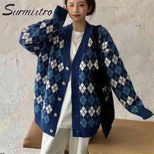 Stickad överdimensionerade cardigan kvinnor våren höst långärmad kvinnlig koreansk plaid tröja coat knitwear 210421