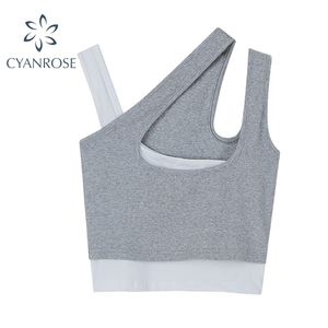 Kvinnors sommar Streetwear Sexiga Cross Hollow Out Slim Västar Ärmlös Patchwear Crop Tops Bomull Basic Kvinna Camisole 210515