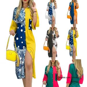 2021 Dames Cardigan Style Mid Taille Lange Rok Print Stretch Bag Hip V hals Pocket Button Contrast Dress