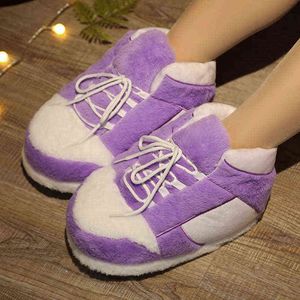 Red Lace-UP Women Slippers High Quality Cartoon Warm Waterproof Bottom Cotton Shoes Cute Non-Slip Winter Couples House Slides H1122