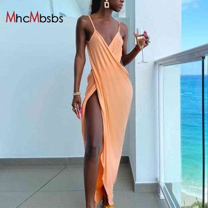 Women Spaghetti Straps Backless Maxi Dresses Beach Holiday Wrap Gown Sexy Asymmetrical Long Dress Summer Party Prom Clothes 210517