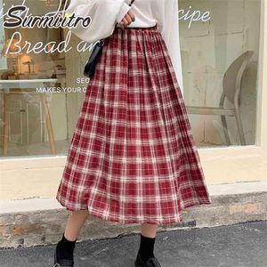 Primavera Estate Donna Stile coreano Vintage Nero Rosso Plaid Vita alta Sun School Midi Gonna lunga a pieghe Donna 210421