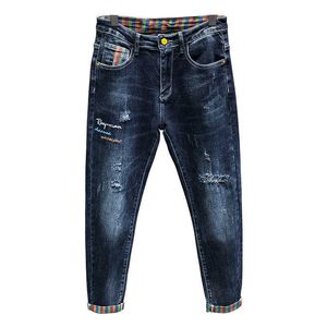 Herren Jeans Hose Haremshose Männer Stretch Blau Zerrissen Distressed Gestreiftes Liner Gepatchtes Denim Lässige Streetwear Biker,3266 X0621