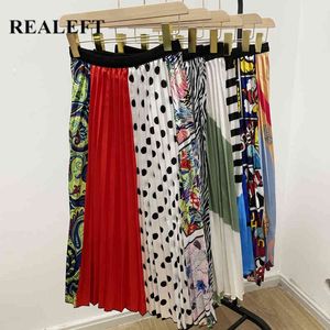 Printed Pleated Skirts Fashion Chic European Style High Elastic Waist Midi for Women 210428