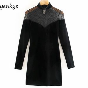 Women Sexy Semi-sheer Gauze Patchwork Velvet Dress Female Long Sleeve High Neck Vintage Black Bodycon Mini XNGC9594 210514