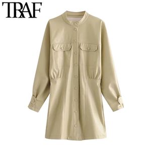 TRAF Kadınlar Chic Moda Sekmeler ile Faux Deri Mini Elbise Vintage Uzun Kollu Snap-Düğmeler Kadın Elbiseler Vestidos 210415