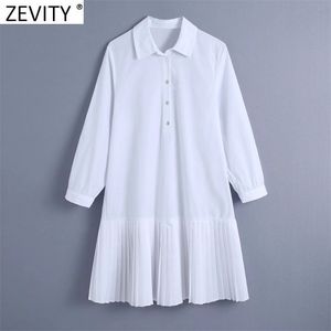 女性のファッションの襟裾のプリーツパッチワークホワイトミニドレスオフィスの女性ポップリンvestidosシックドレスDS8124 210416