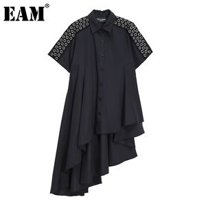 [EAM] Women Black Ruffles Big Size Asymmetrical Dress Lapel Short Sleeve Loose Fit Fashion Spring Summer 1DD7660 210512