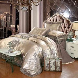 Blommor Jacquard Luxury Bedding Set Queen / King size Bed 4pcs Bomull Silk Lace Ruffles Duvet Cover Fitted / Bed Sheet S 210721