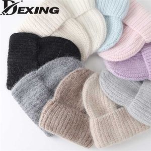 Kaninchenfell weiche warme Mütze Wintermütze für Frauen Wollmütze dick gestrickt schöne Skullies Beanies Angora Strickmütze 211228