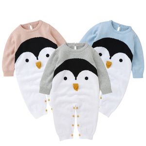 Autumn Baby Rompers Knitted Long Sleeves Cartoon Penguin Toddler Girls Jumpsuits Outfits born Infant Boys Overalls Clothing 210417